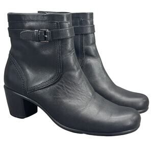 Ecco Black Leather Side Zip Buckle Accent Ankle Bootie Women 7.5/38